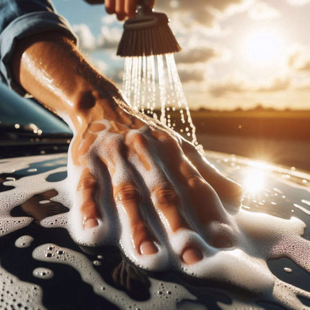 Man washing car with soap and water. Close-up of male hands washing car at sunsetの素材
