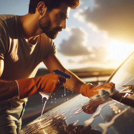 Man polishing car with sponge and spray detergent at sunset.の素材