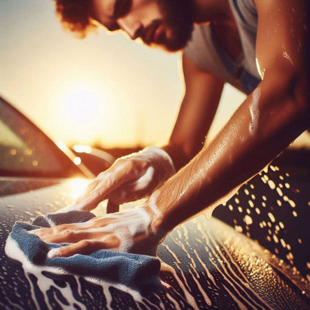 Cleaning car with a microfiber cloth. Young woman washing car with microfiber cloth.の素材