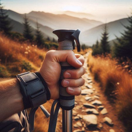 Hiking in the Carpathian mountains. Hand with trekking polesの素材