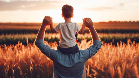 Back view of father and son in wheat field at sunset. Concept of friendly family.の素材