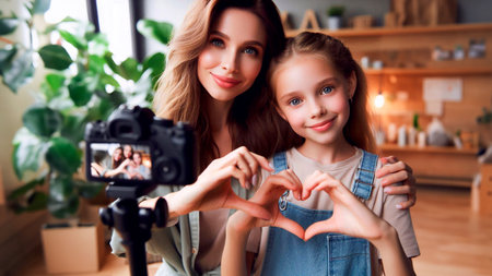 selective focus of happy mother and daughter making heart shape with handsの素材