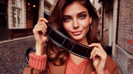 Beautiful young woman with a film in her hands. Beauty, fashion.の素材