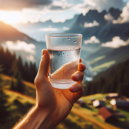 Water in a glass in the hands of a man against the background of the mountains.の素材