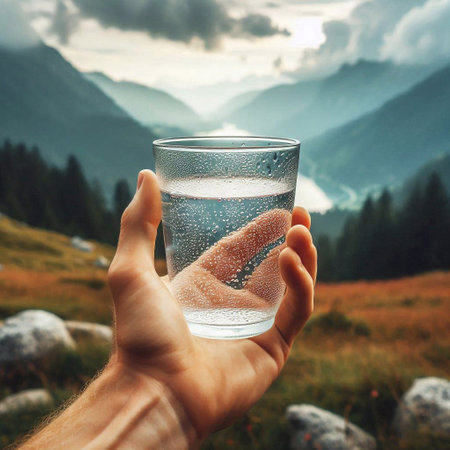 Water in a glass in hand on the background of the mountains.の素材