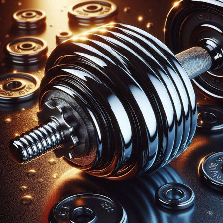 3d illustration of metal dumbbells in abstract background with lightsの素材