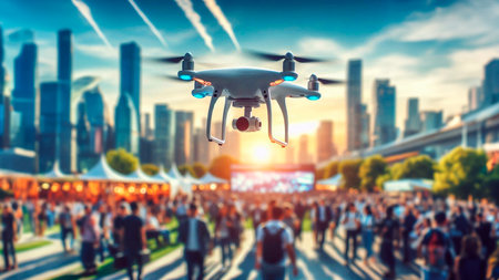 Drone with digital camera flying over crowd of people. 3d renderingの素材