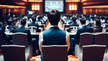 Rear view of unrecognizable businesswoman sitting in front of audience at conference hallの素材