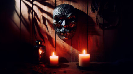 Halloween background with scary pumpkins and candles on wooden wall.の素材