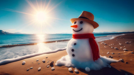 Snowman on the beach at sunset. Christmas and New Year concept.の素材