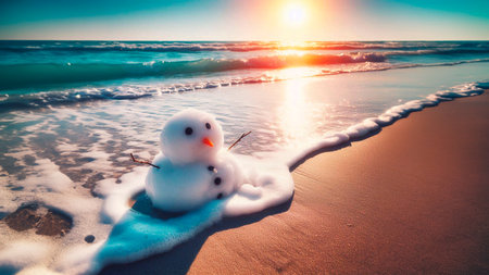 Snowman on the beach at sunset. Christmas and New Year backgroundの素材
