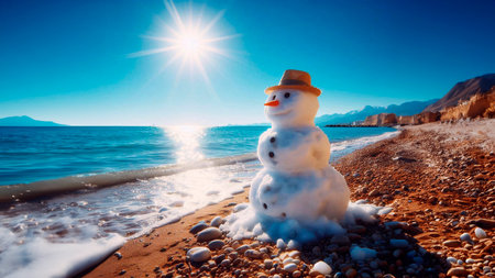 Funny snowman on the beach at sunrise. Winter holidays conceptの素材