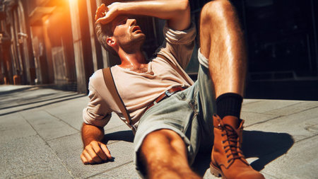 Handsome young man in casual clothes lying on the street and looking awayの素材