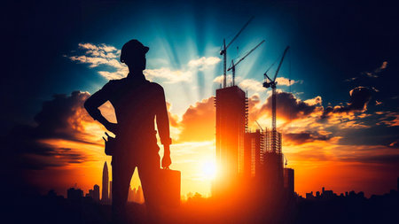 Silhouette of engineer against the background of the city and the sunの素材
