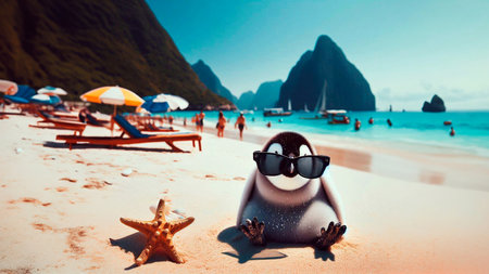 Penguin in sunglasses on the beach. Summer vacation concept.の素材