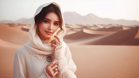 Beautiful Asian woman in the middle of the desert with sand dunesの素材