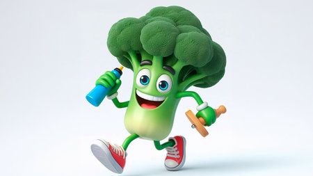 Cartoon character of broccoli with dumbbells running on white backgroundの素材