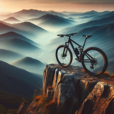 Mountain bike on the edge of a cliff above misty valleyの素材