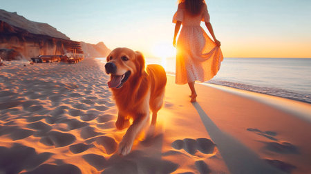 Young woman with golden retriever dog on the beach at sunset.の素材