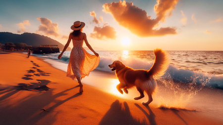 Young woman with her dog walking on the beach at sunset. Concept of summer vacation.の素材