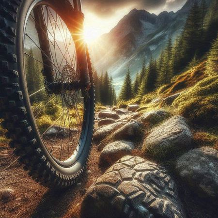 Mountain bike on the road in the mountains. 3d renderingの素材