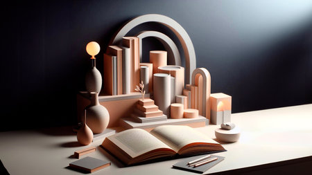 3d illustration of an open book, books, lanterns and a table lampの素材