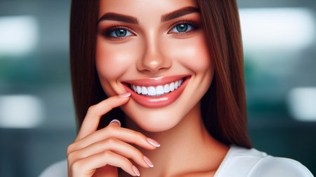 Beautiful young woman with healthy teeth. Portrait of a smiling young womanの素材
