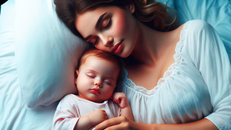 Beautiful young mother with her newborn baby lying on the bed.の素材