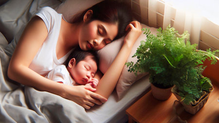 Mother and baby sleeping on the bed in the morning, Asianの素材