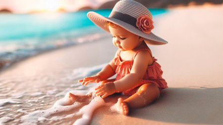 Cute little girl playing on the beach at sunset. Vacation conceptの素材