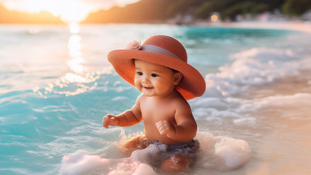 Cute little baby girl in hat playing on the beach at sunsetの素材