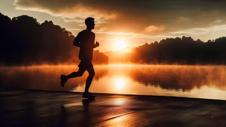 Runner athlete running at sunrise. man fitness jogging workout wellness concept.の素材