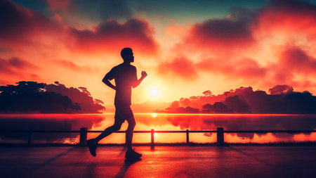 Runner athlete running at sunrise seaside. woman fitness jogging workout wellness concept.の素材