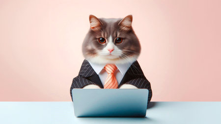 Funny cat in suit and tie sitting at table and working on laptopの素材