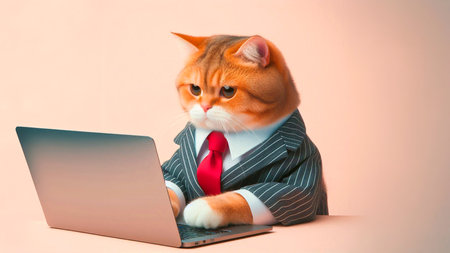 Red cat in a business suit with a laptop on a pink backgroundの素材