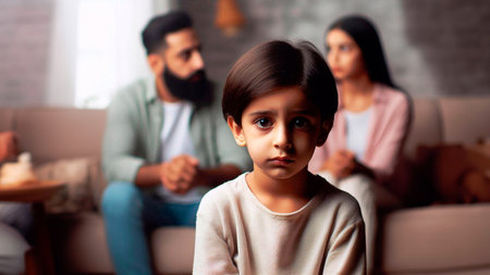 Family conflict. Selective focus of sad little girl looking at camera while sitting on sofa at homeの素材