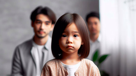 Portrait of a little Asian girl with her parents in the backgroundの素材