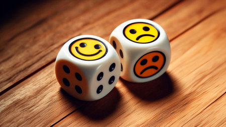 Dice with smiley face on wooden background. Conceptual image.の素材