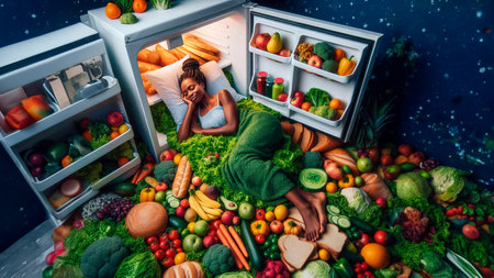 Fruit and vegetable diet. Young woman in green towel lying in the open refrigerator full of fresh fruits and vegetables.の素材