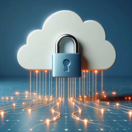 Cloud computing security concept with white cloud and padlock on blue backgroundの素材