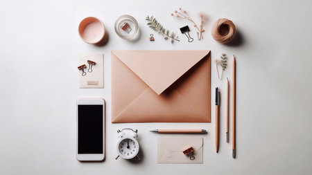 Flat lay composition with envelope, smartphone and stationery on white backgroundの素材