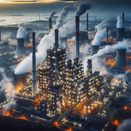 Industrial landscape with chimneys of a power plant in the eveningの素材