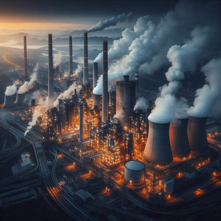 Aerial view of power plant with smoking chimneys at dawn.の素材