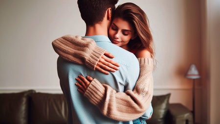 Beautiful young couple in love, hugging and kissing at home.の素材