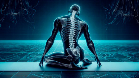3d rendered illustration of a female skeleton sitting in a yoga poseの素材