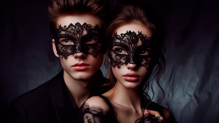 Fashion shot of a beautiful couple posing in black lace masks.の素材