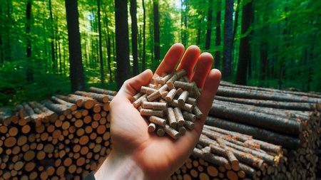Hand holding wooden pellets in the forest. Concept of environmental protection.の素材