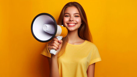 Happy young woman with megaphone on yellow background, closeupの素材
