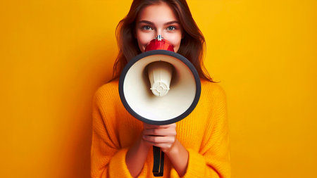 Portrait of a beautiful young woman with megaphone on yellow backgroundの素材