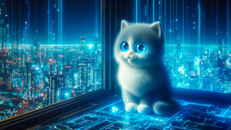 Cute cat sitting on the window and looks at the night cityの素材